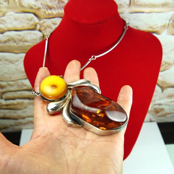 Super Giant Heavy Amber & 925 Silver Link Necklace - Rare Jewelry Gift For Her - Picture 5 of 16